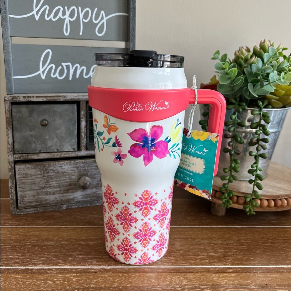 New Pioneer Woman 40oz Stainless Steel Insulated Roadster Tumbler Pink F…